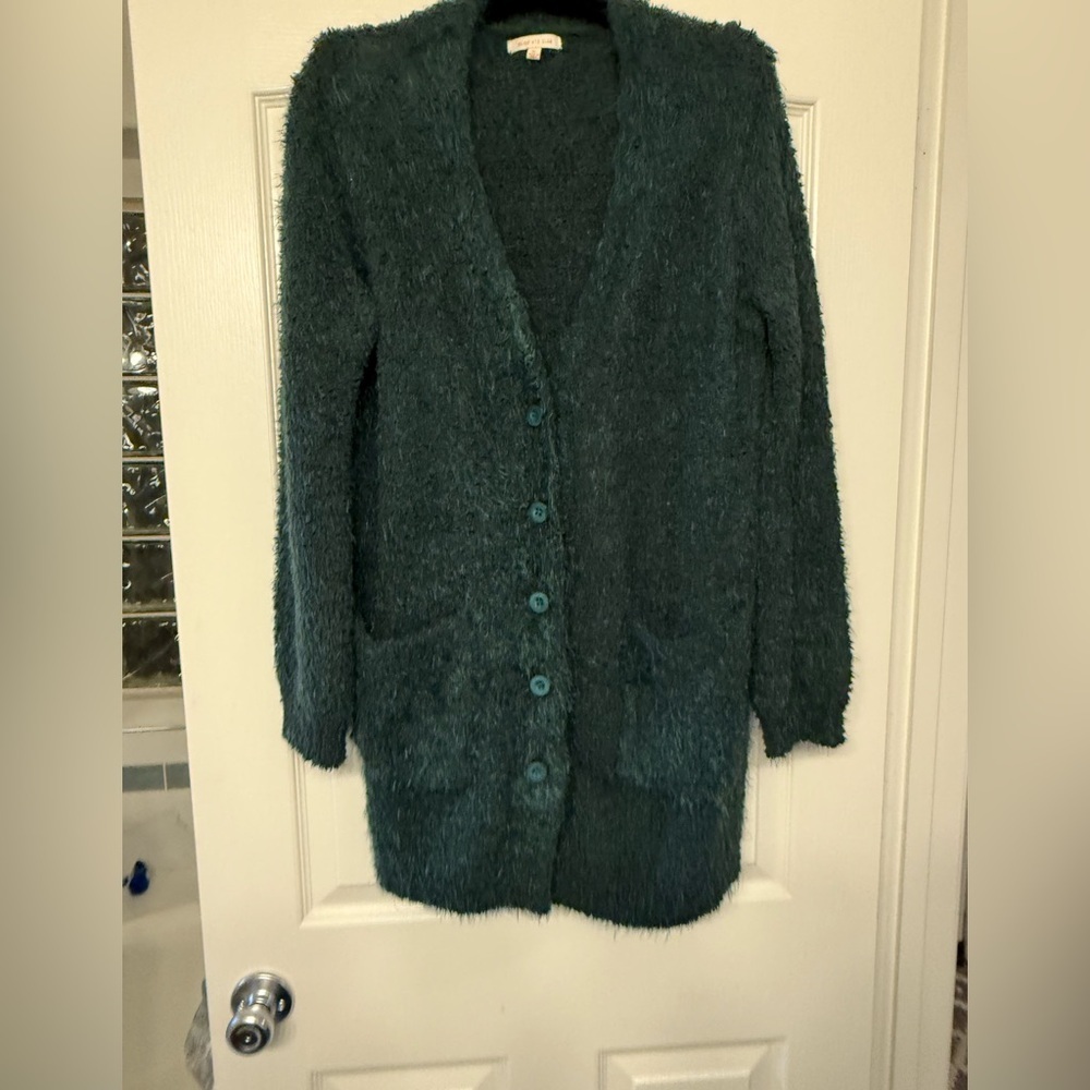 Skies Are Blue Cozy Dark Green Button-Up 3/4 Length Long Cardigan - Picture 2 of 10